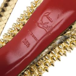 Pre Owned Christian Louboutin Gold Python Spiked Lady Peep Toe Platform Pumps Size 36.5