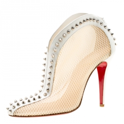 Christian Louboutin White Mesh And Leather Bourriche Spike Studded Booties Size 40