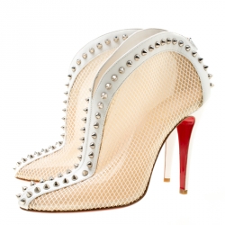 Christian Louboutin White Mesh And Leather Bourriche Spike Studded Booties Size 40