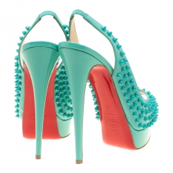 مملوكة مسبقًا Christian Louboutin Turquoise Patent Leather Lady Peep Toe Spike Platform Slingback Sandals Size 39
