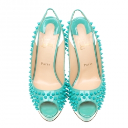 مملوكة مسبقًا Christian Louboutin Turquoise Patent Leather Lady Peep Toe Spike Platform Slingback Sandals Size 39