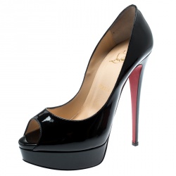 Pre Owned Christian Louboutin Black Patent Leather Lady Peep Toe Platform Pumps Size 39