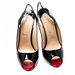 Pre Owned Christian Louboutin Black Patent Leather Private Number Slingback Platform Sandals Size 40