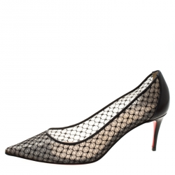 Pre Owned Christian Louboutin Black Leather And Lace Pointed Toe Pumps Size 37