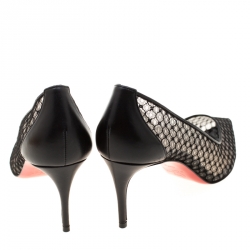 Pre Owned Christian Louboutin Black Leather And Lace Pointed Toe Pumps Size 37