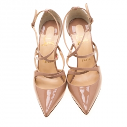 Pre Owned Christian Louboutin Beige Patent Leather Crossfliketa Sandals Size 37.5