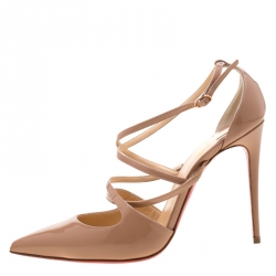 Pre Owned Christian Louboutin Beige Patent Leather Crossfliketa Sandals Size 37.5