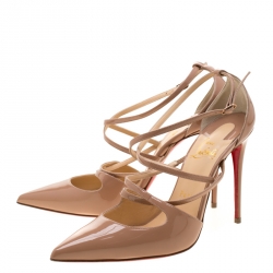 Pre Owned Christian Louboutin Beige Patent Leather Crossfliketa Sandals Size 37.5