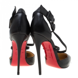 Pre Owned Christian Louboutin Black Leather Ankle Strap Pointed Toe Sandals Size 36