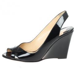 Pre Owned Christian Louboutin Black Patent Marplesoft Slingback Wedges Size 38