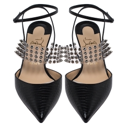 Pre Owned Christian Louboutin Black Lizard Embossed Leather And PVC Levita 55 Studded Ankle Wrap Sandals Size 39
