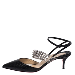 Pre Owned Christian Louboutin Black Lizard Embossed Leather And PVC Levita 55 Studded Ankle Wrap Sandals Size 39