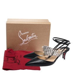 Pre Owned Christian Louboutin Black Lizard Embossed Leather And PVC Levita 55 Studded Ankle Wrap Sandals Size 39