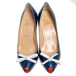 Pre Owned Christian Louboutin Blue Leather Tibunodo Bow Peep Toe Pumps Size 38
