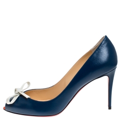 Pre Owned Christian Louboutin Blue Leather Tibunodo Bow Peep Toe Pumps Size 38