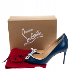 Pre Owned Christian Louboutin Blue Leather Tibunodo Bow Peep Toe Pumps Size 38