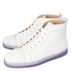 Pre Owned Christian Louboutin White Embossed "LoubinTheSky" Leather Lou Spikes 2 High-Top Sneakers Size 44.5