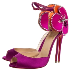 Pre Owned Christian Louboutin Pink Satin Pensamoi 120 Embellished Ankle Strap Sandals Size 38