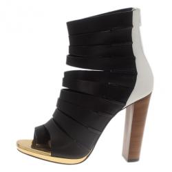 Pre Owned Christian Louboutin Black Leather Decoupata Strappy Booties Size 37.5