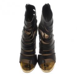 Pre Owned Christian Louboutin Black Leather Decoupata Strappy Booties Size 37.5