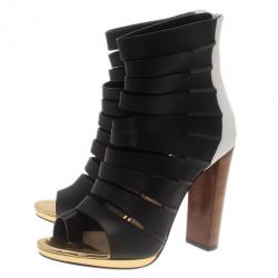 Pre Owned Christian Louboutin Black Leather Decoupata Strappy Booties Size 37.5