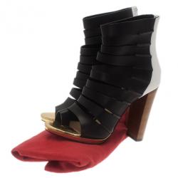 Pre Owned Christian Louboutin Black Leather Decoupata Strappy Booties Size 37.5