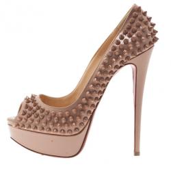 Pre Owned Christian Louboutin Blush Leather Lady Peep Spikes Platform Pumps Size 36