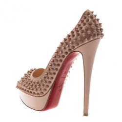 Pre Owned Christian Louboutin Blush Leather Lady Peep Spikes Platform Pumps Size 36