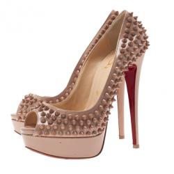 Pre Owned Christian Louboutin Blush Leather Lady Peep Spikes Platform Pumps Size 36