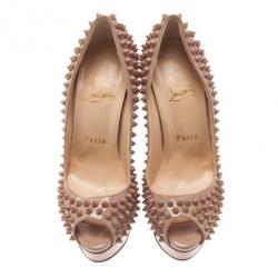 Pre Owned Christian Louboutin Blush Leather Lady Peep Spikes Platform Pumps Size 36