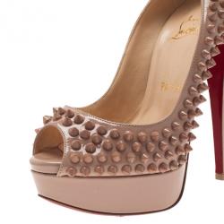 Pre Owned Christian Louboutin Blush Leather Lady Peep Spikes Platform Pumps Size 36