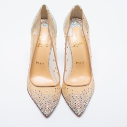 Pre Owned Christian Louboutin Beige/Silver Mesh and Leather Follies Strass Pumps Size 38.5