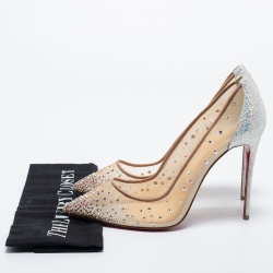 Pre Owned Christian Louboutin Beige/Silver Mesh and Leather Follies Strass Pumps Size 38.5