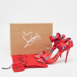 Pre Owned Christian Louboutin Red/Blue Evil Eye Satin Sandale Du Desert Sandals Size 37