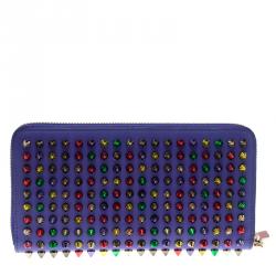 Pre Owned Christian Louboutin Blue Leather Multicolor Studded Spike Continental Wallet