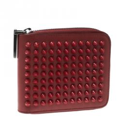 Christian Louboutin Red Leather Spiked Zip Around Wallet