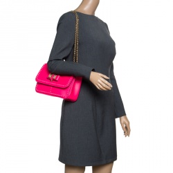 Pre Owned Christian Louboutin Neon Pink Matte Leather Small Rockstud Sweet Charity Shoulder Bag