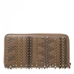 Christian Louboutin Beige Leather Spikes Panettone Zip Around Wallet 