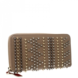 Christian Louboutin Beige Leather Spikes Panettone Zip Around Wallet 