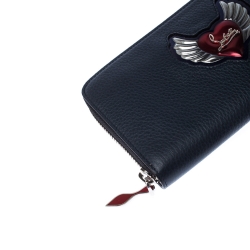 Christian Louboutin Navy Blue Winged Heart Leather Zip Around Wallet