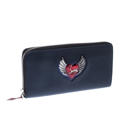 Christian Louboutin Navy Blue Winged Heart Leather Zip Around Wallet