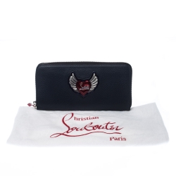 Christian Louboutin Navy Blue Winged Heart Leather Zip Around Wallet