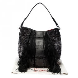 مملوكة مسبقًا Christian Louboutin Black Spiked Leather Lucky L Fringe Hobo