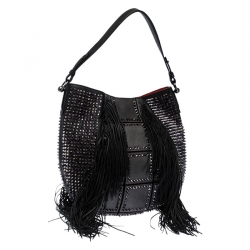 مملوكة مسبقًا Christian Louboutin Black Spiked Leather Lucky L Fringe Hobo
