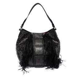 مملوكة مسبقًا Christian Louboutin Black Spiked Leather Lucky L Fringe Hobo