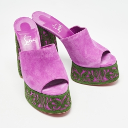 Pre Owned Christian Louboutin Purple Suede Platform Slide Sandals Size 38.5