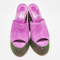 Pre Owned Christian Louboutin Purple Suede Platform Slide Sandals Size 38.5