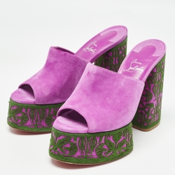 Pre Owned Christian Louboutin Purple Suede Platform Slide Sandals Size 38.5