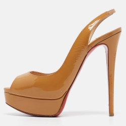 Pre Owned Christian Louboutin Beige Patent Leather Lady Peep Sling Pumps Size 38.5