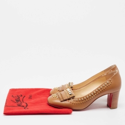 Pre Owned Christian Louboutin Brown Leather Studded Fringed Pumps Size 38.5